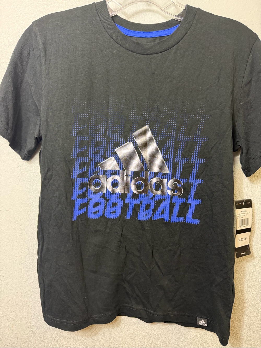 adidas Black Tee with Blue Football Graphic and Silver Logo